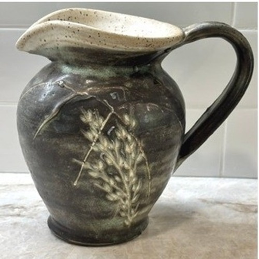 Vintage Studio Pottery Pitcher Hand Thrown Signed Artisan Stoneware Wheat Rustic
